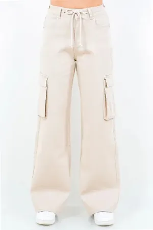 Apricot Color Drawstring Wide Leg Cargo Pants