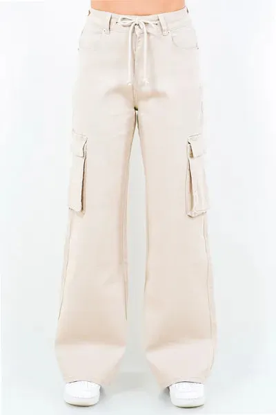 Apricot Color Drawstring Wide Leg Cargo Pants