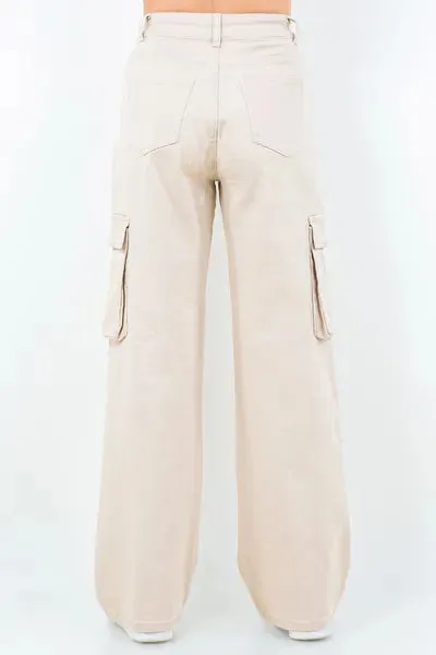 Apricot Color Drawstring Wide Leg Cargo Pants