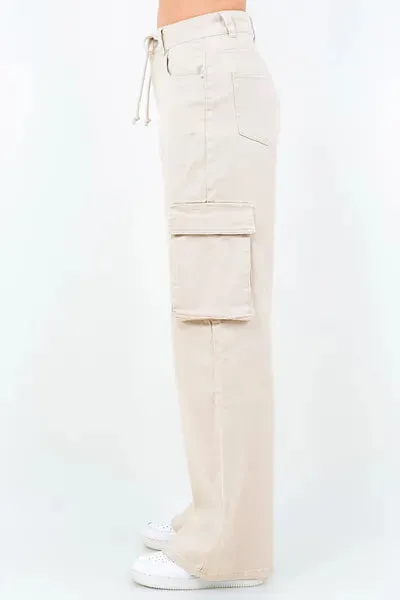 Apricot Color Drawstring Wide Leg Cargo Pants