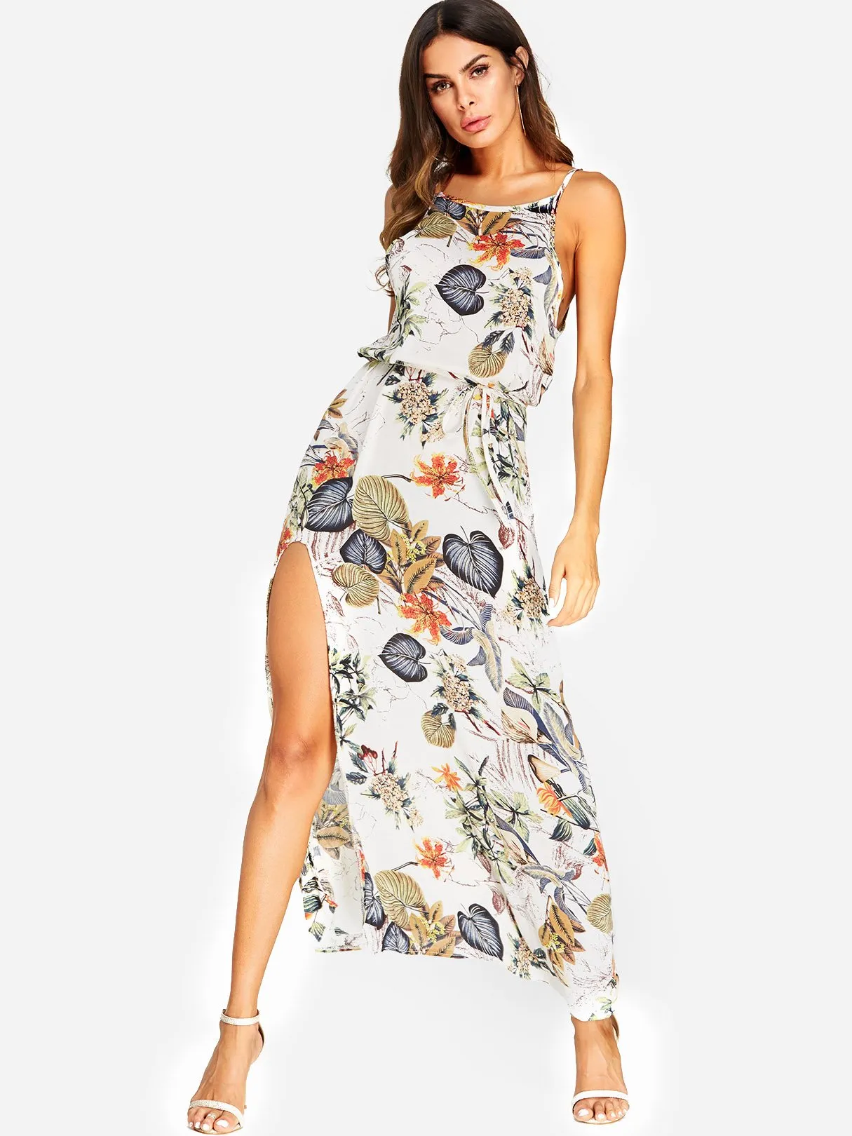Apricot Round Neck Sleeveless Floral Print Spaghetti Strap Belt Slit Hem Dresses