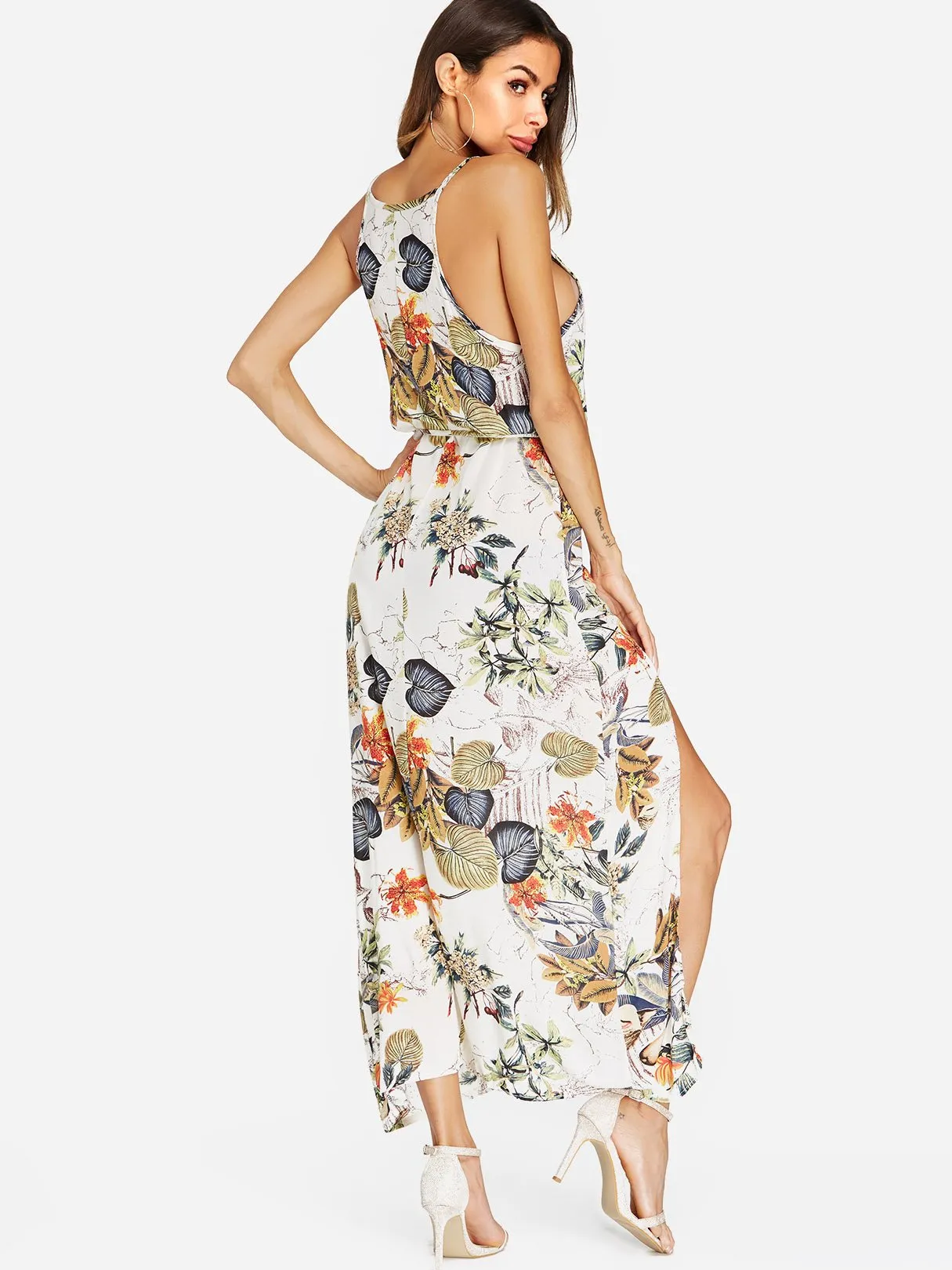 Apricot Round Neck Sleeveless Floral Print Spaghetti Strap Belt Slit Hem Dresses