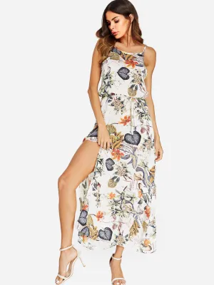 Apricot Round Neck Sleeveless Floral Print Spaghetti Strap Belt Slit Hem Dresses