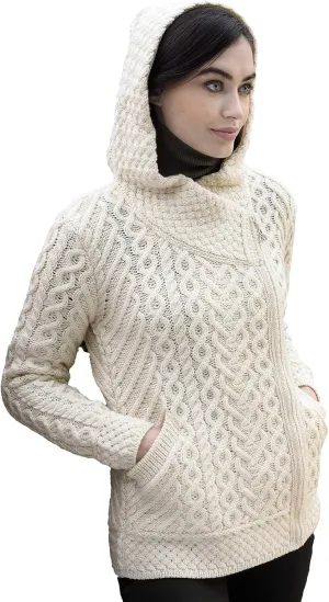 Aran Crafts Women's Cable Knit Comfortable Side Zip Hoodie (100% Merino Wool)