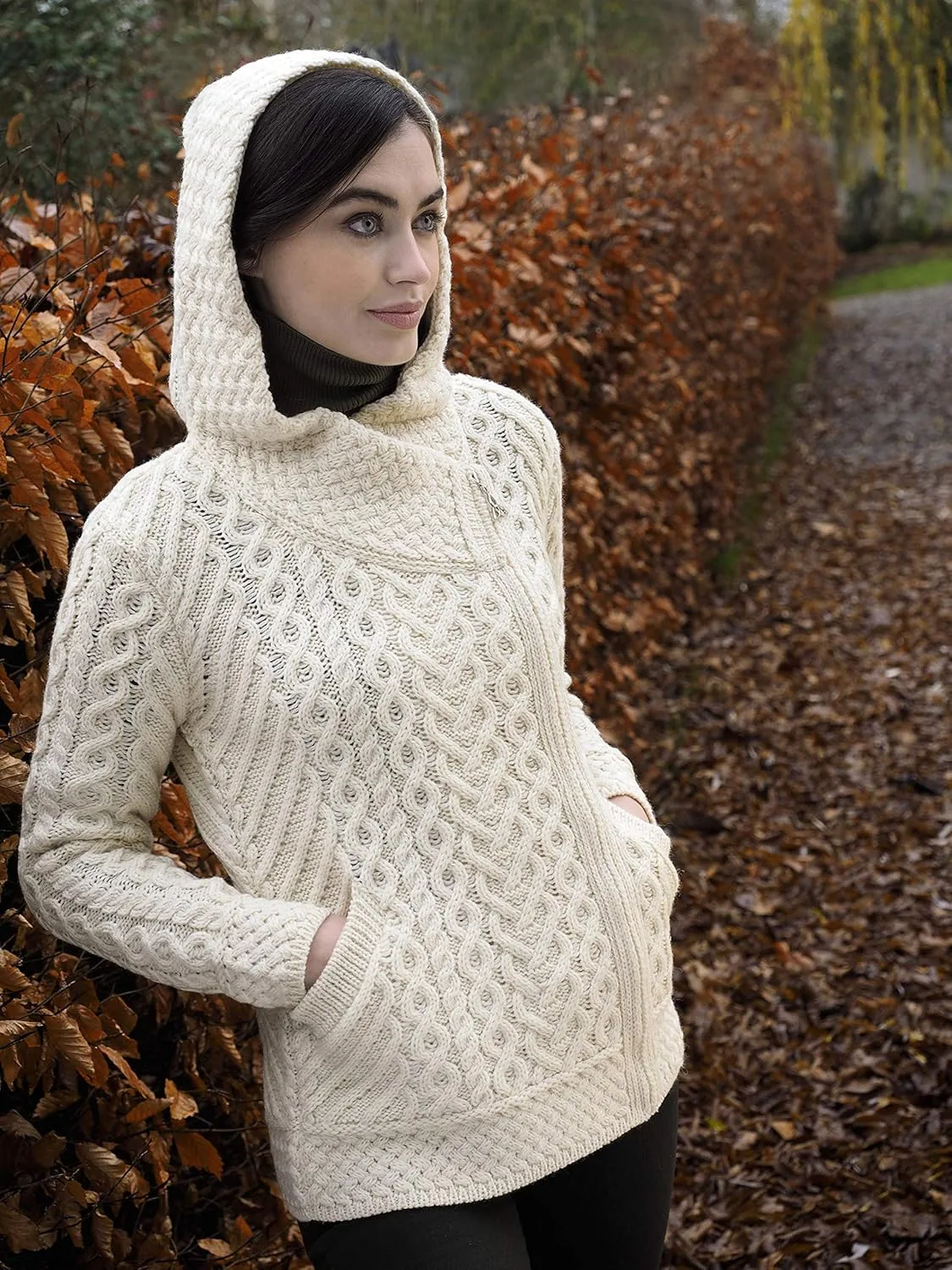 Aran Crafts Women's Cable Knit Comfortable Side Zip Hoodie (100% Merino Wool)