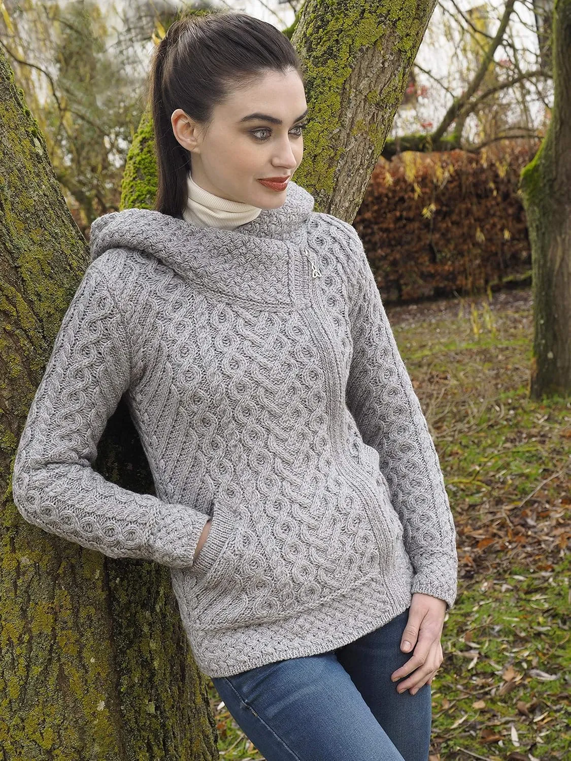 Aran Crafts Women's Cable Knit Comfortable Side Zip Hoodie (100% Merino Wool)