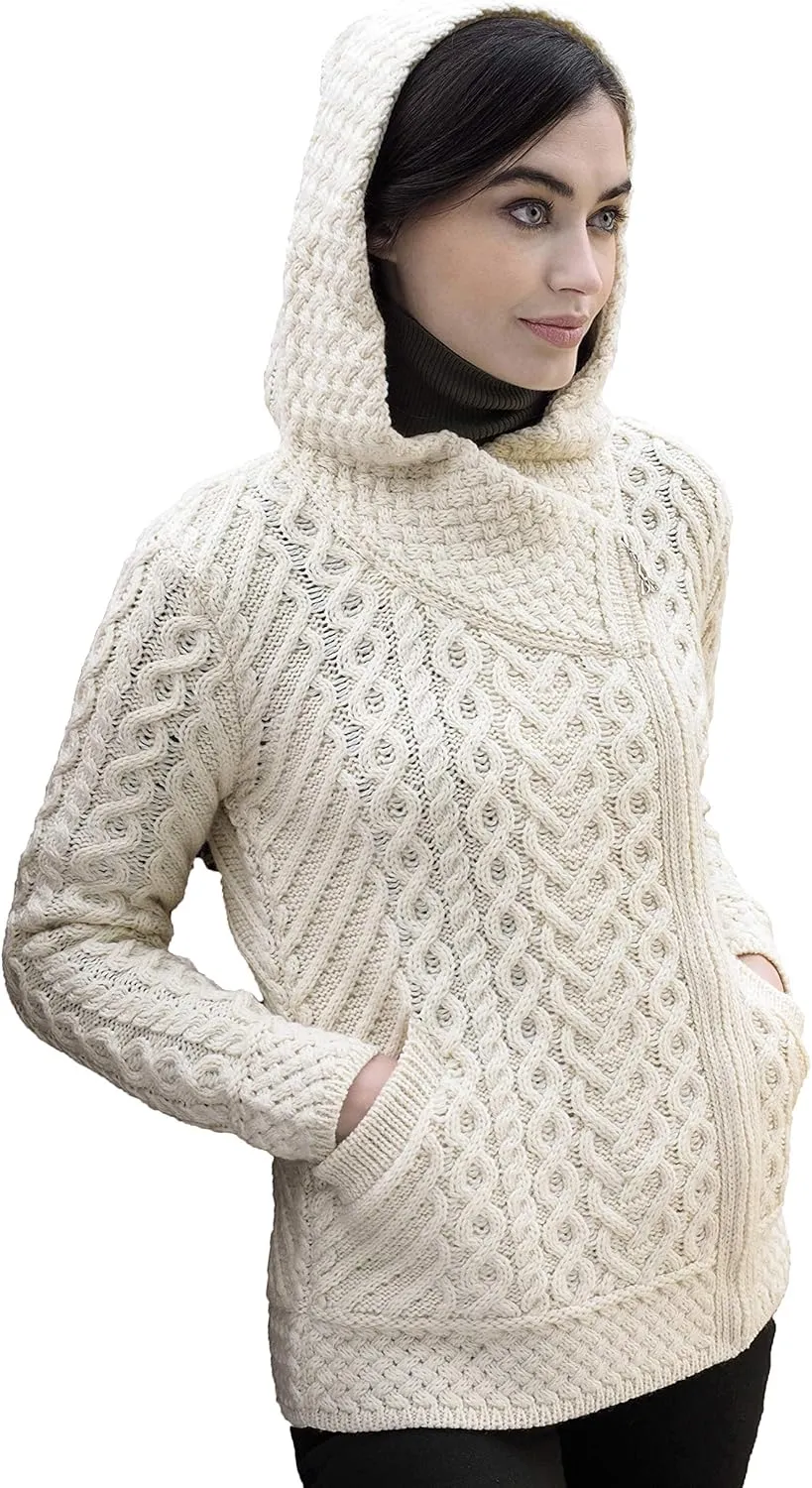 Aran Crafts Women's Cable Knit Comfortable Side Zip Hoodie (100% Merino Wool)
