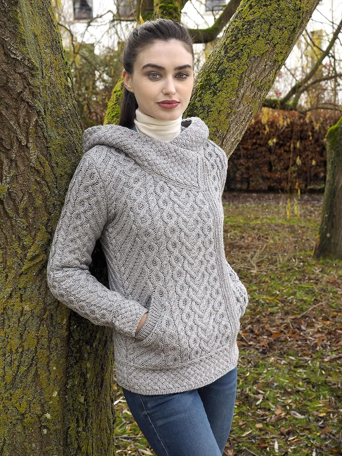 Aran Crafts Women's Cable Knit Comfortable Side Zip Hoodie (100% Merino Wool)