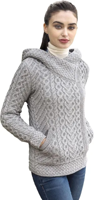 Aran Crafts Women's Cable Knit Comfortable Side Zip Hoodie (100% Merino Wool)