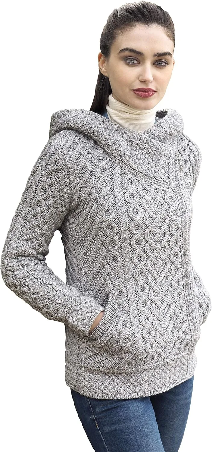Aran Crafts Women's Cable Knit Comfortable Side Zip Hoodie (100% Merino Wool)