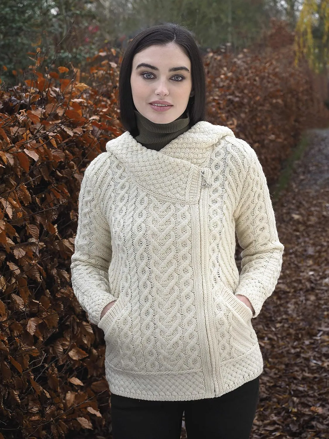 Aran Crafts Women's Cable Knit Comfortable Side Zip Hoodie (100% Merino Wool)