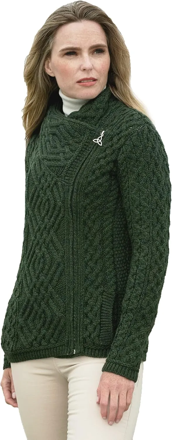 Aran Crafts Women's Irish Cable Knitted Wool Side Zip Cardigan (100% Merino Wool)