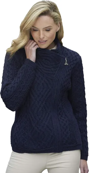 Aran Crafts Women's Irish Cable Knitted Wool Side Zip Cardigan (100% Merino Wool)