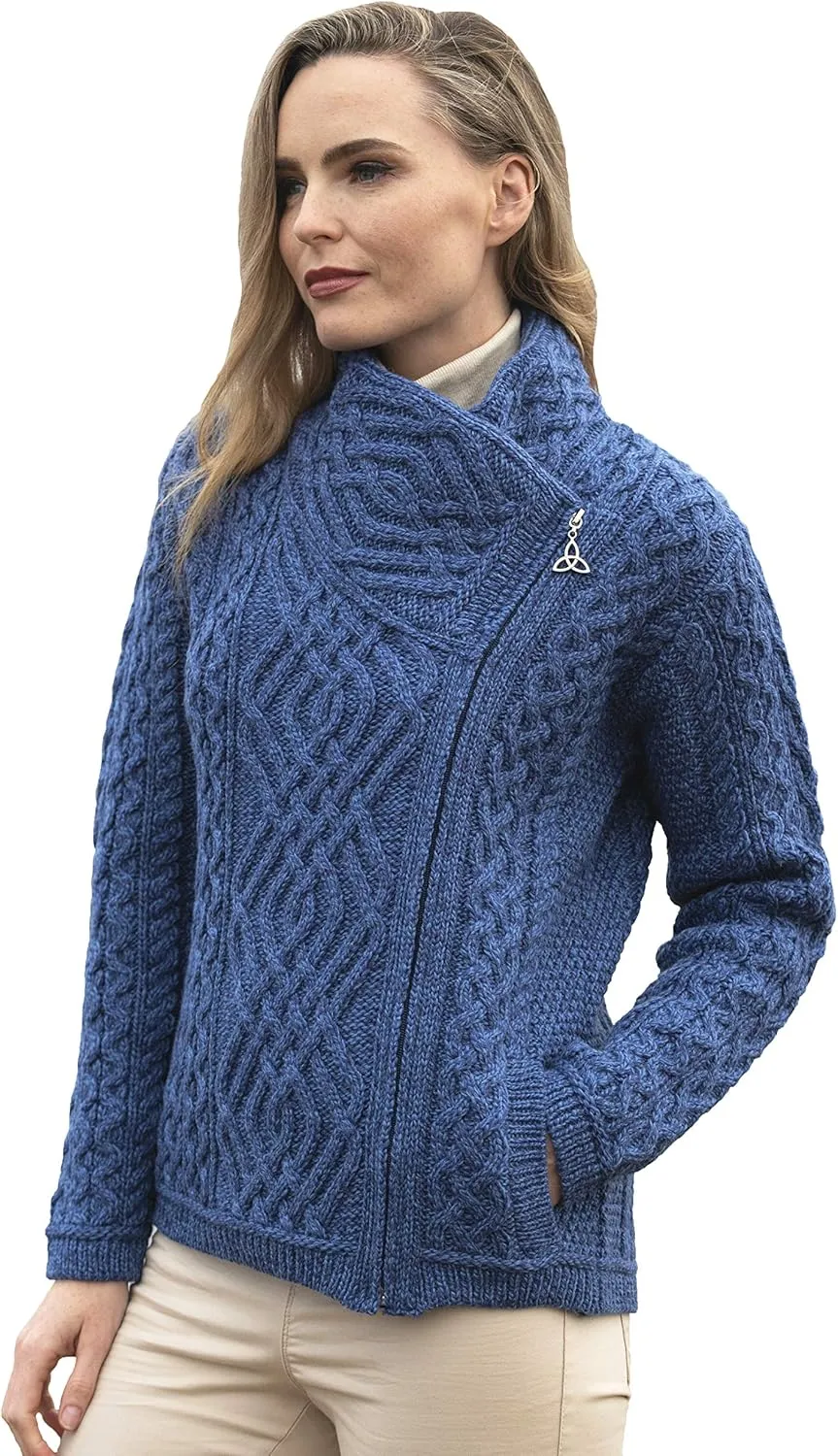 Aran Crafts Women's Irish Cable Knitted Wool Side Zip Cardigan (100% Merino Wool)