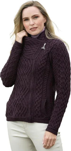 Aran Crafts Women's Irish Cable Knitted Wool Side Zip Cardigan (100% Merino Wool)
