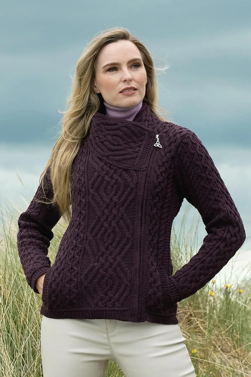 Aran Crafts Women's Irish Cable Knitted Wool Side Zip Cardigan (100% Merino Wool)