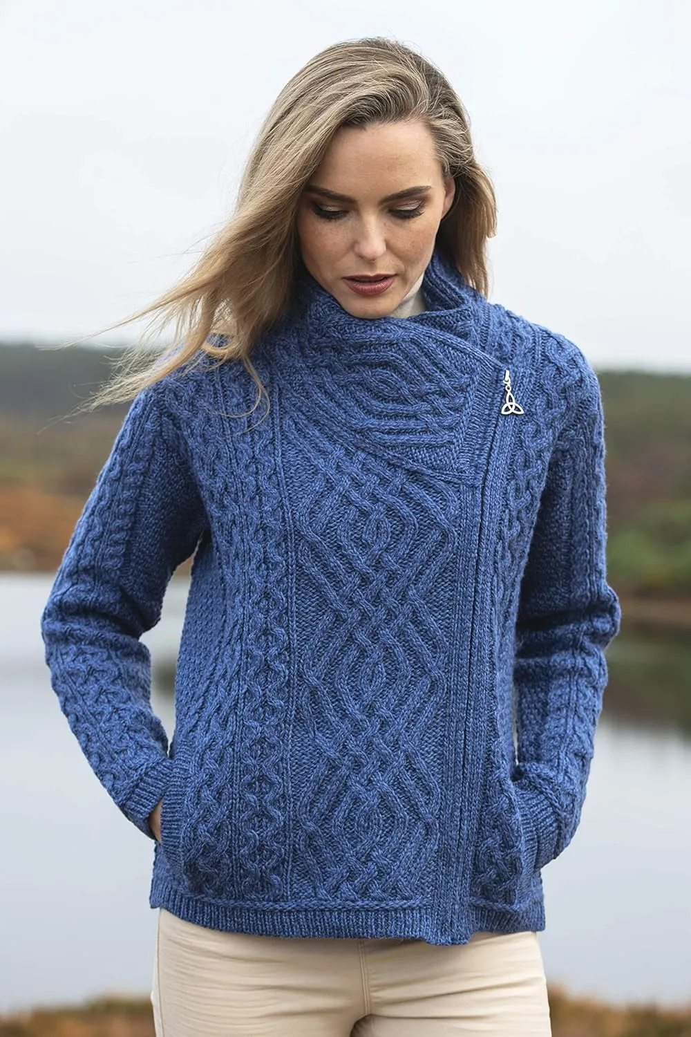 Aran Crafts Women's Irish Cable Knitted Wool Side Zip Cardigan (100% Merino Wool)
