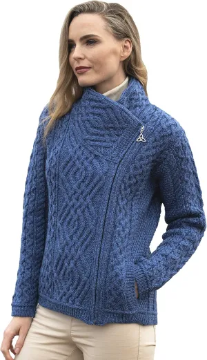 Aran Crafts Women's Irish Cable Knitted Wool Side Zip Cardigan (100% Merino Wool)