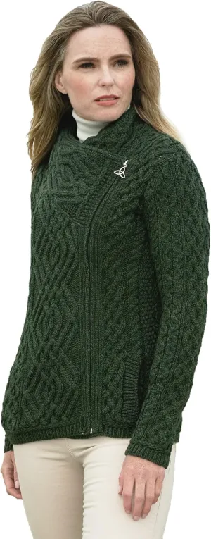 Aran Crafts Women's Irish Cable Knitted Wool Side Zip Cardigan (100% Merino Wool)