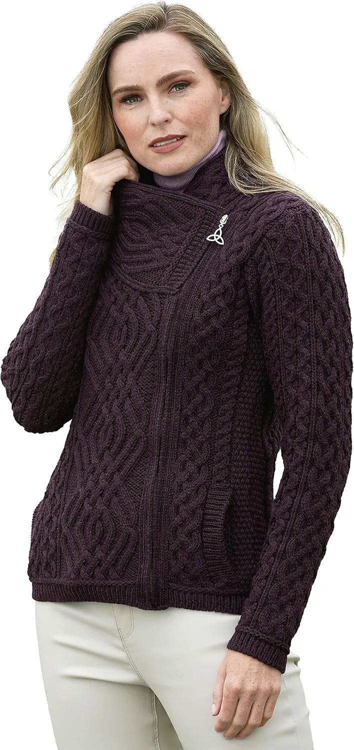 Aran Crafts Women's Irish Cable Knitted Wool Side Zip Cardigan (100% Merino Wool)
