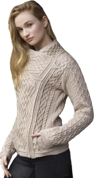 Aran Crafts Women's Irish Cable Knitted Wool Side Zip Cardigan (100% Merino Wool)