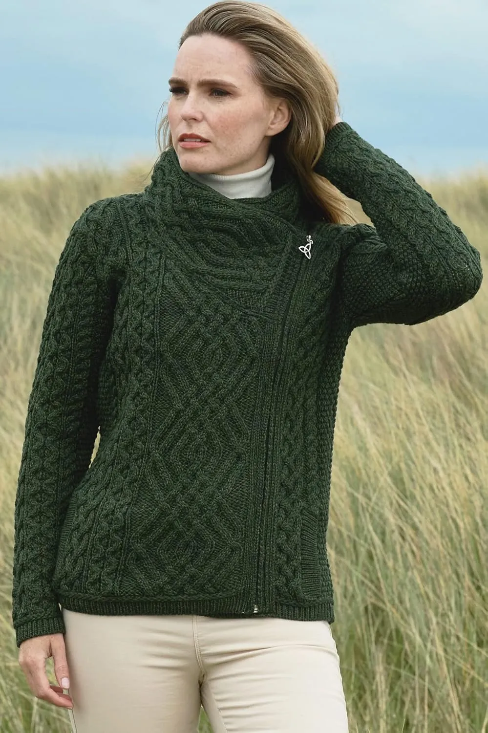 Aran Crafts Women's Irish Cable Knitted Wool Side Zip Cardigan (100% Merino Wool)