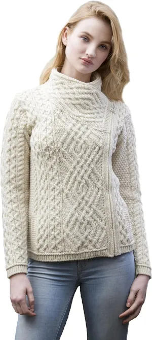 Aran Crafts Women's Irish Cable Knitted Wool Side Zip Cardigan (100% Merino Wool)