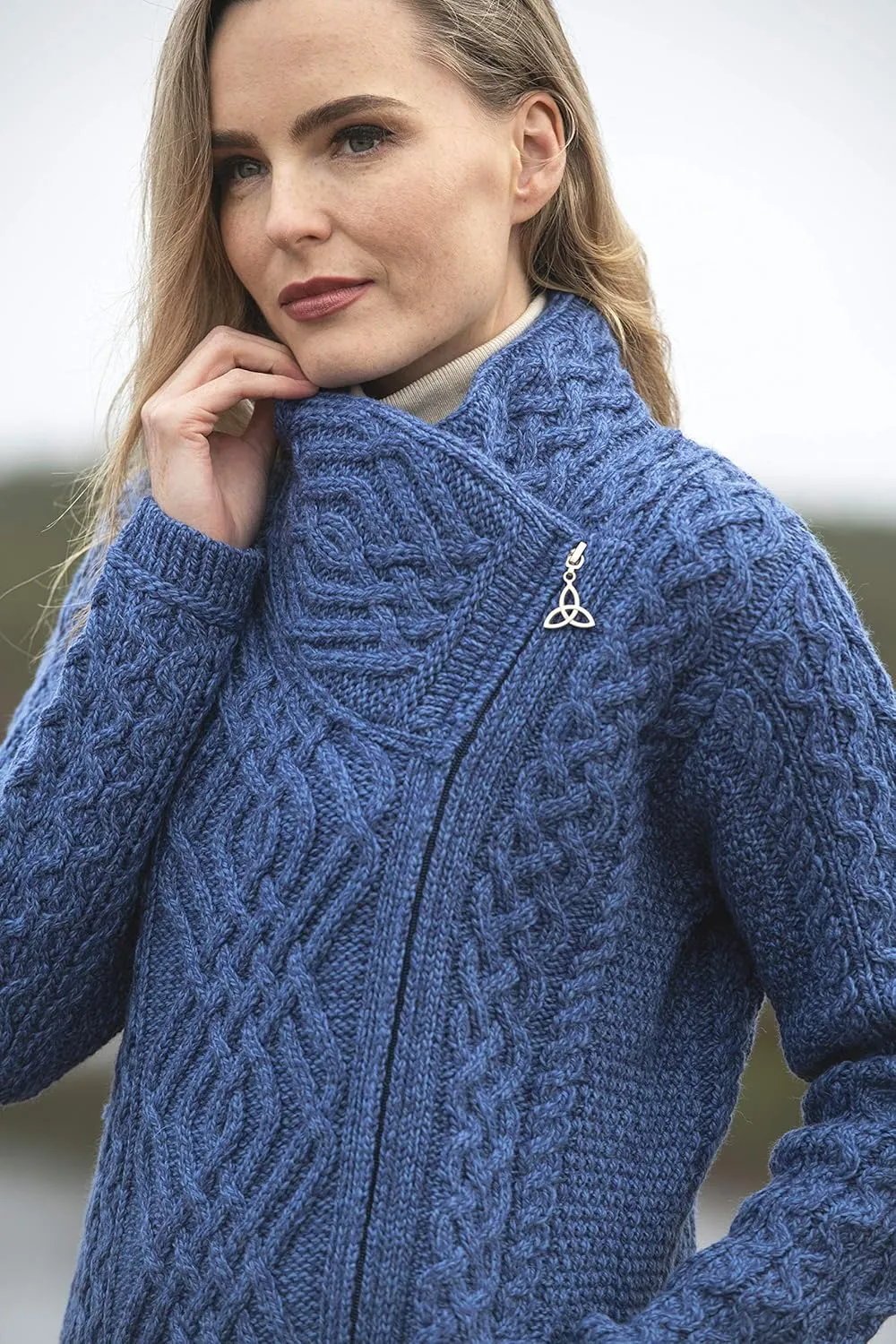 Aran Crafts Women's Irish Cable Knitted Wool Side Zip Cardigan (100% Merino Wool)