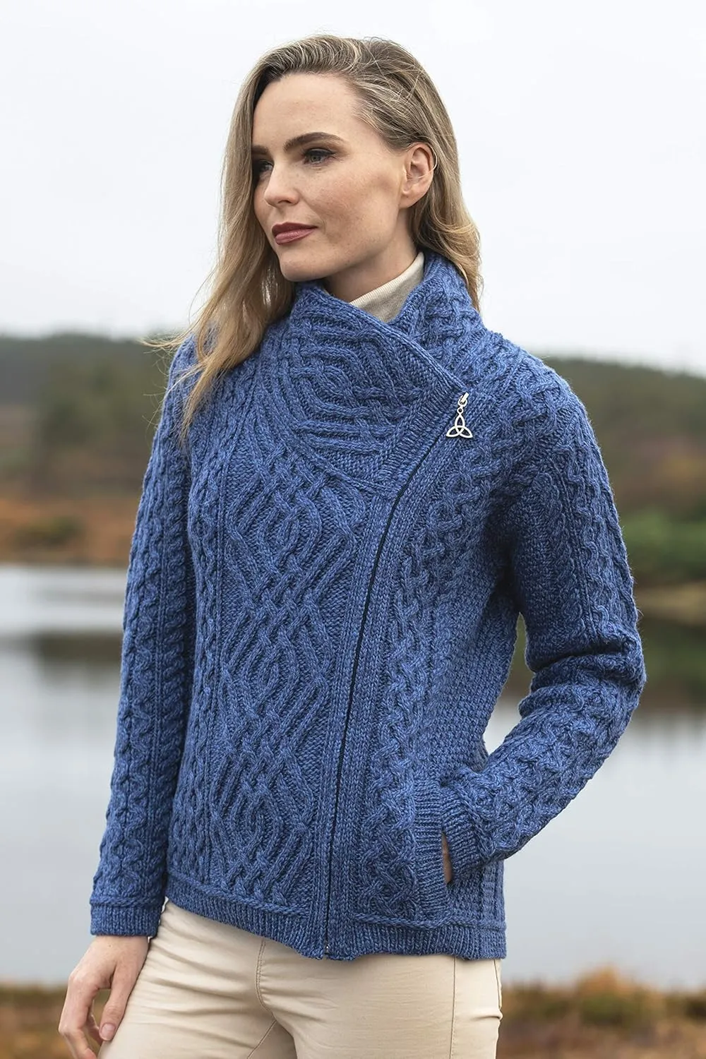 Aran Crafts Women's Irish Cable Knitted Wool Side Zip Cardigan (100% Merino Wool)