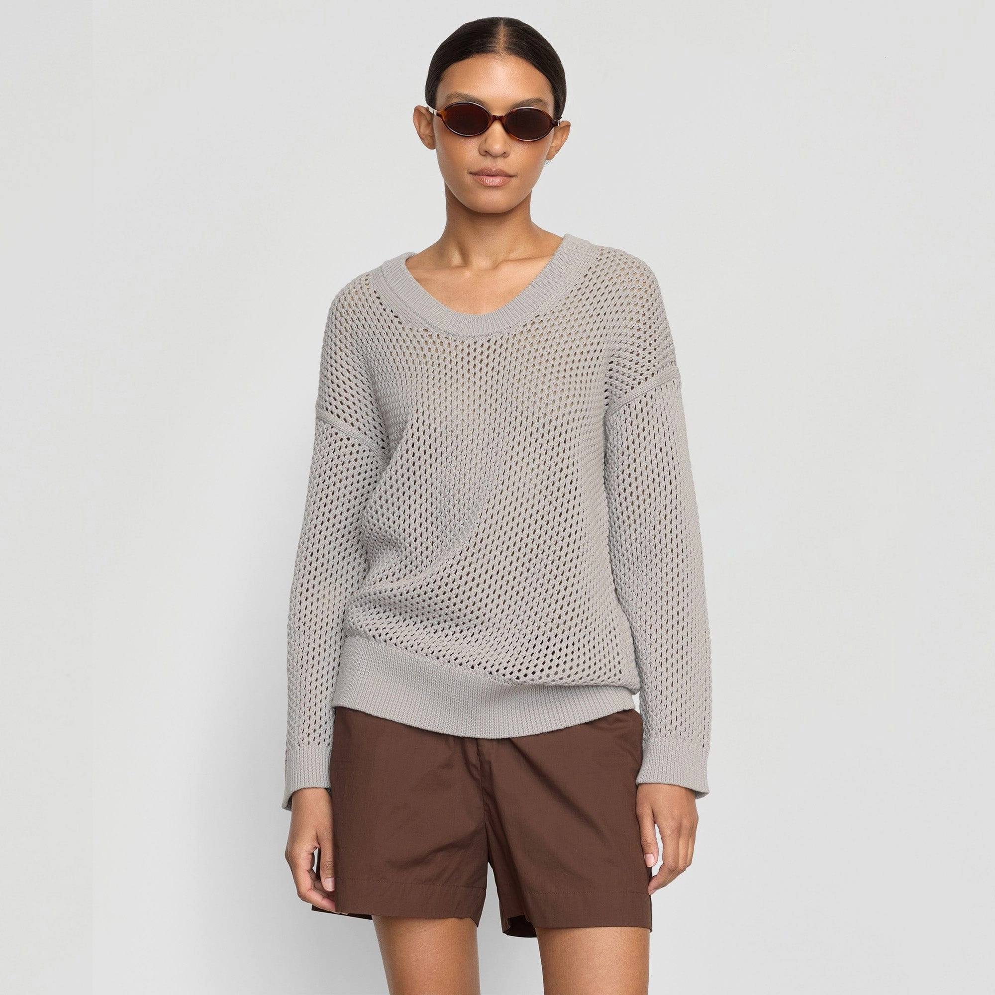 Ribbed cuff Layered Comfort Archana Open Knit U-Neck Sweater