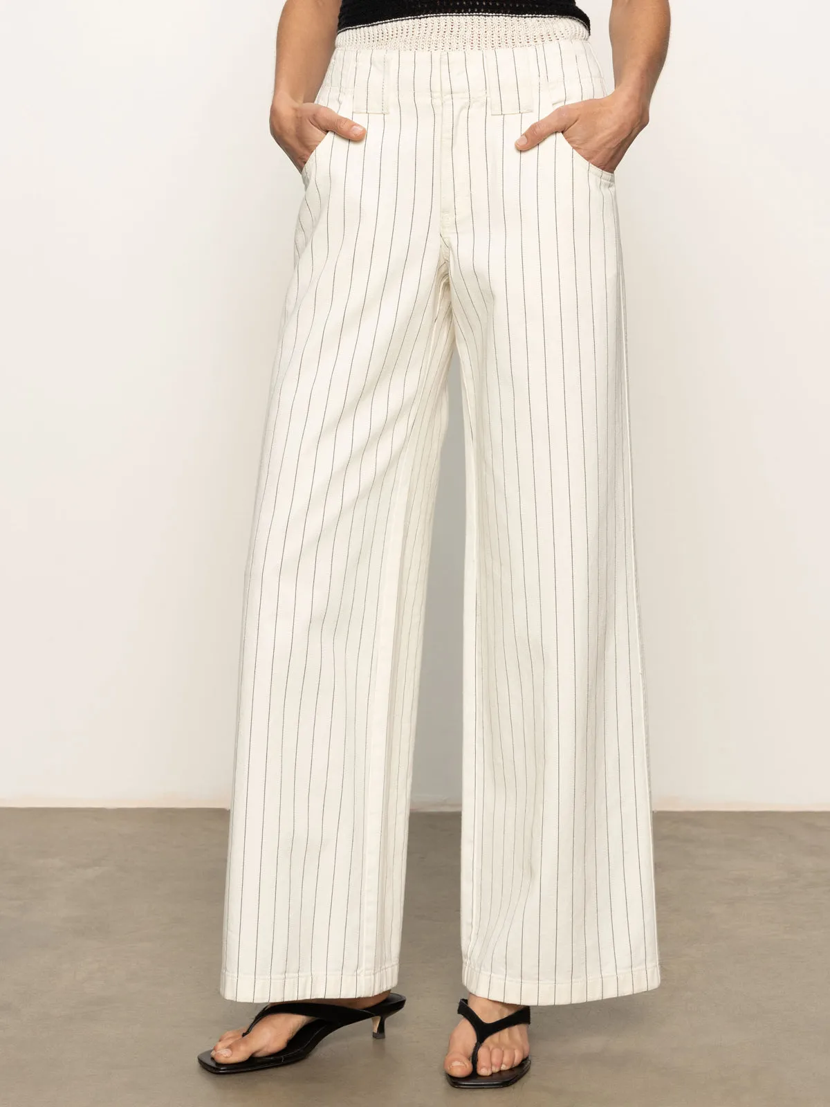 Arden Wide Leg Jeans Bleached White Pinstripe Trendy Comfort ReinforcedHemline