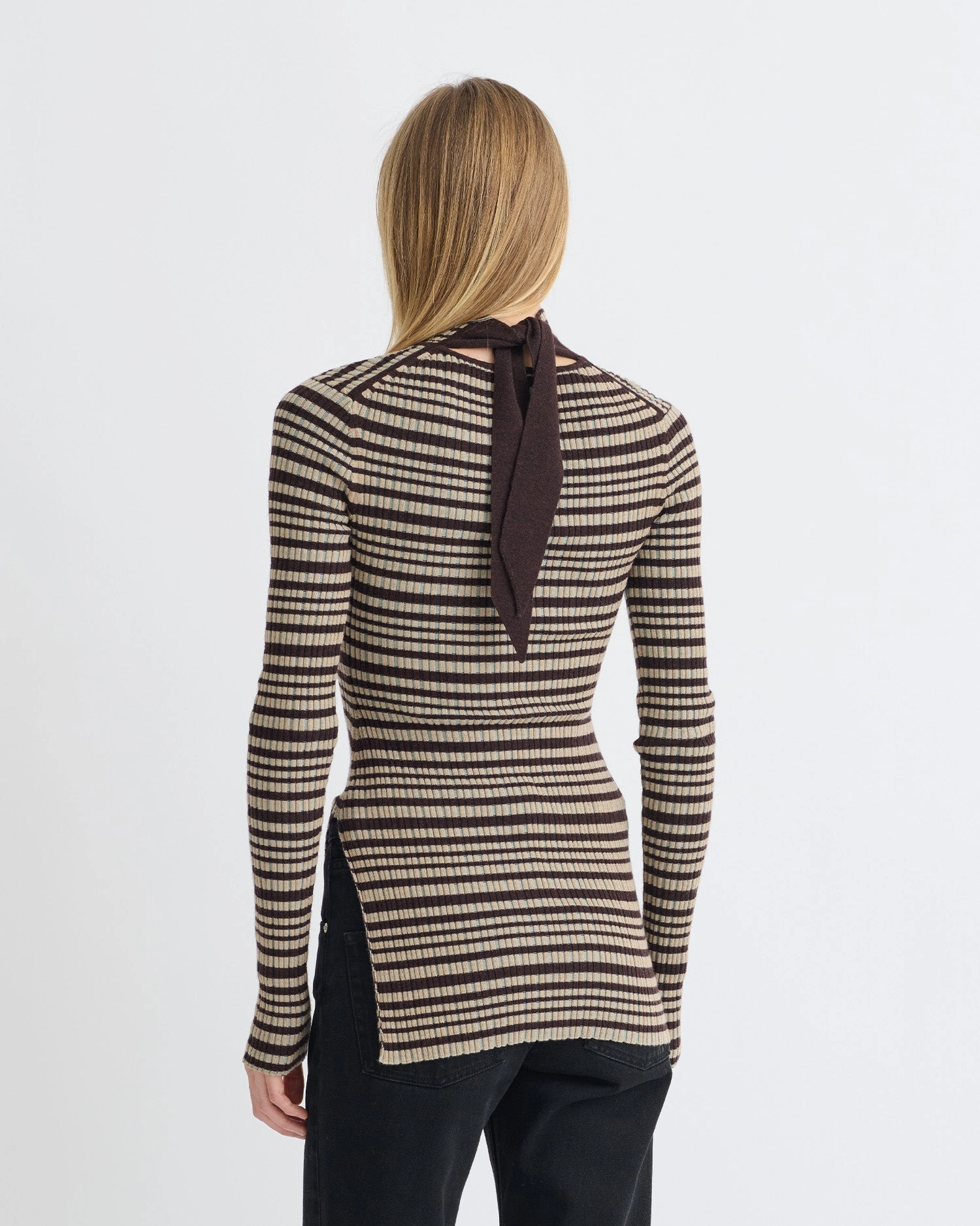 Arella - Fine Merino Rib Long Sleeved Top - Black/Brown/Green Stripe BreathableMeshInsert Sustainable Material Blend