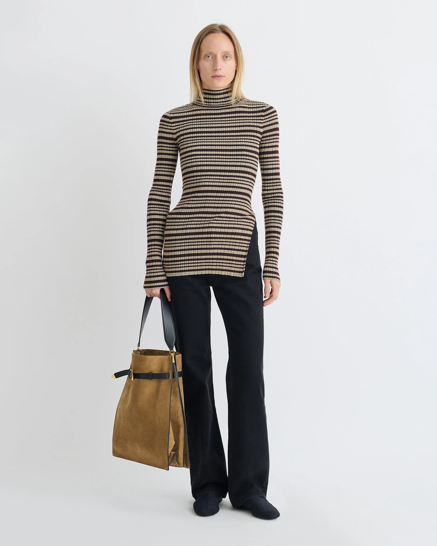 Arella - Fine Merino Rib Long Sleeved Top - Black/Brown/Green Stripe BreathableMesh