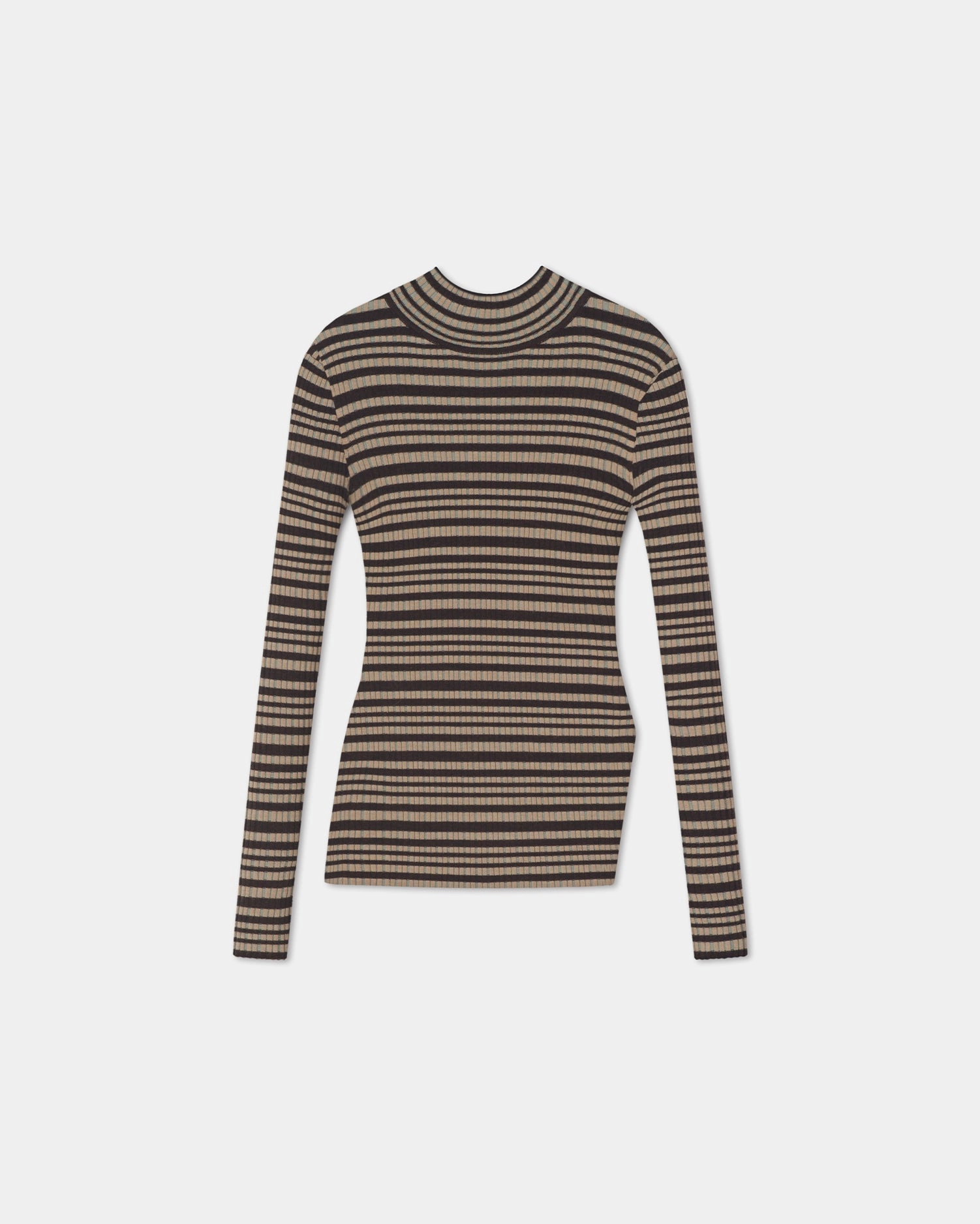 Wool Sweater Arella - Fine Merino Rib Long Sleeved Top - Black/Brown/Green Stripe