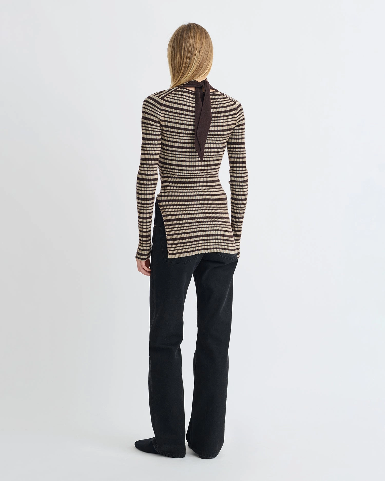 OdorResistant Treatment Arella - Fine Merino Rib Long Sleeved Top - Black/Brown/Green Stripe