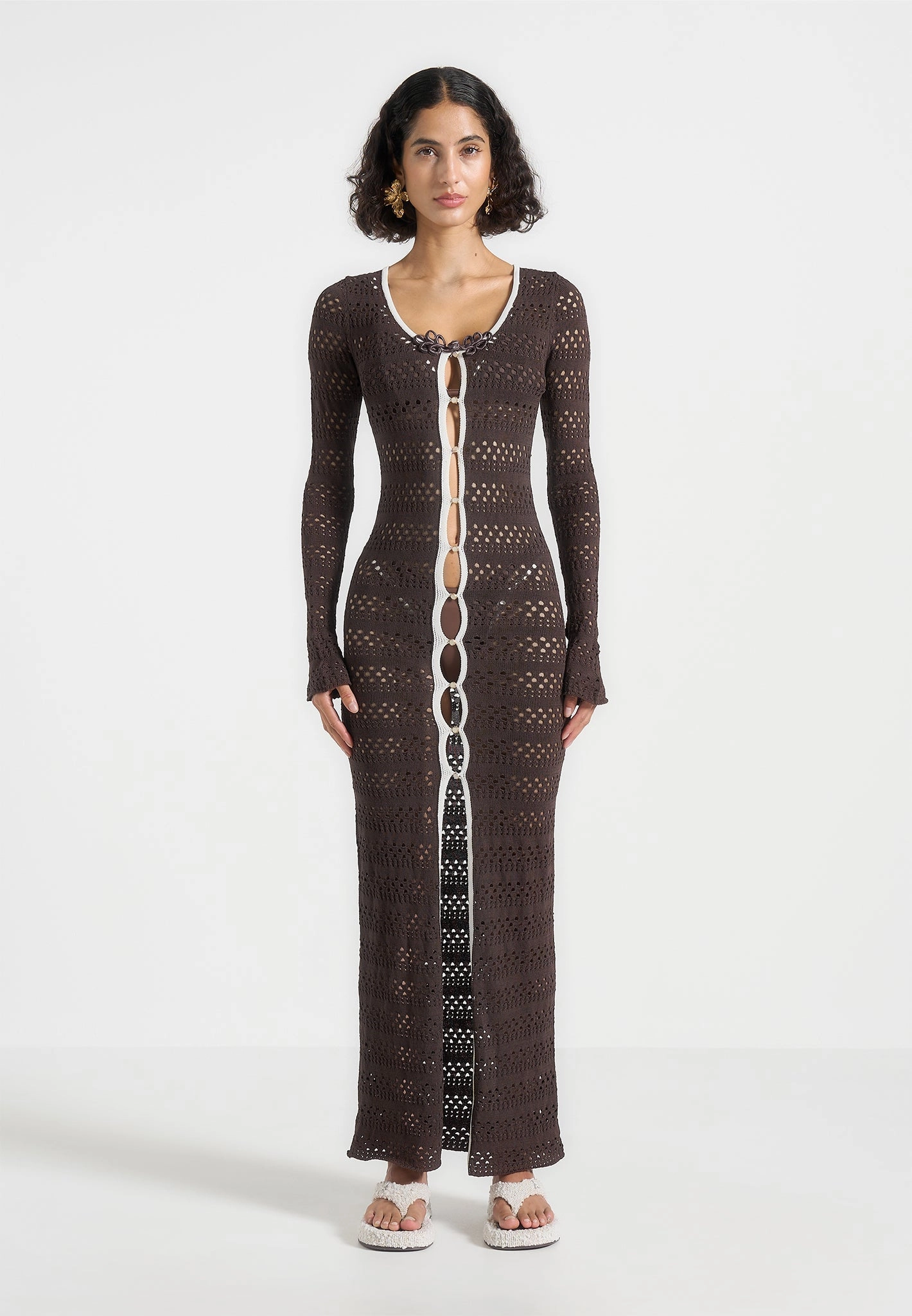 Twisted Cable Pattern Sustainable Fibers Aria - Pointelle Knit Cover Up - Brown/Cream