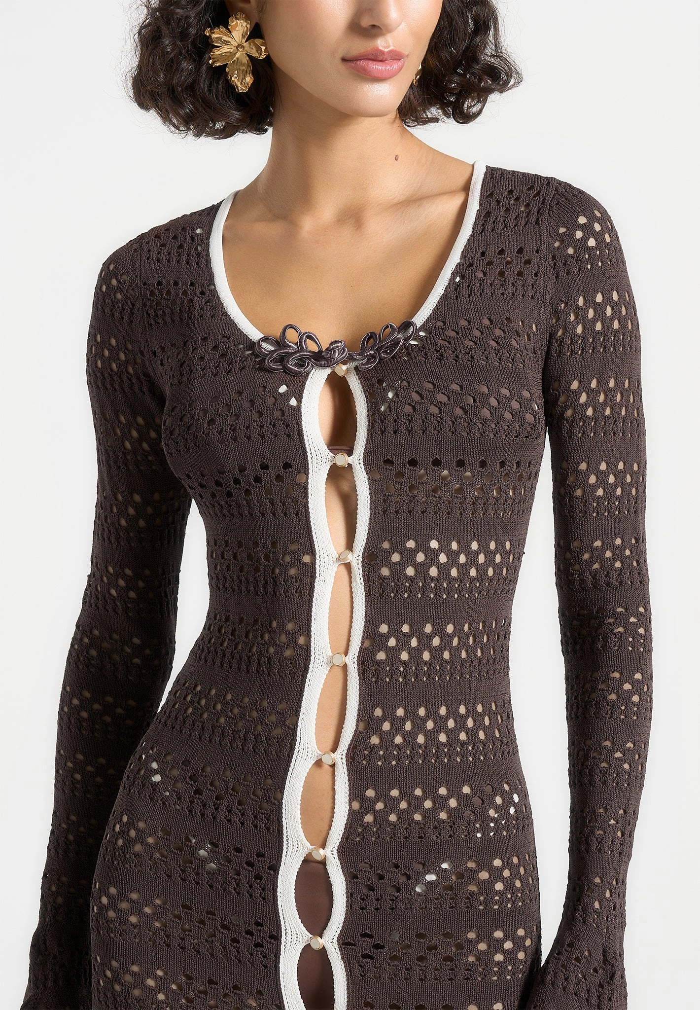 Rolled Cuffs Aria - Pointelle Knit Cover Up - Brown/Cream