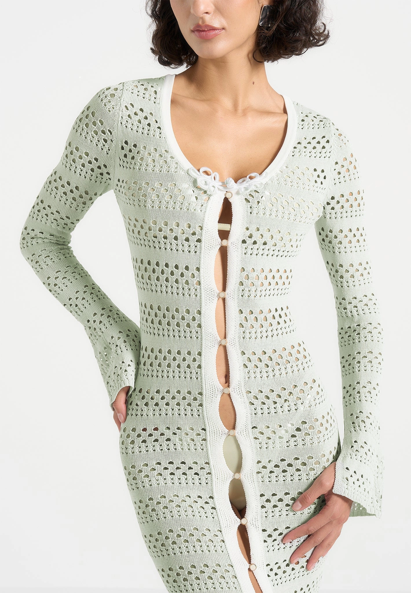 Aria - Pointelle Knit Cover Up - Sage/White Under Jacket Machine washable