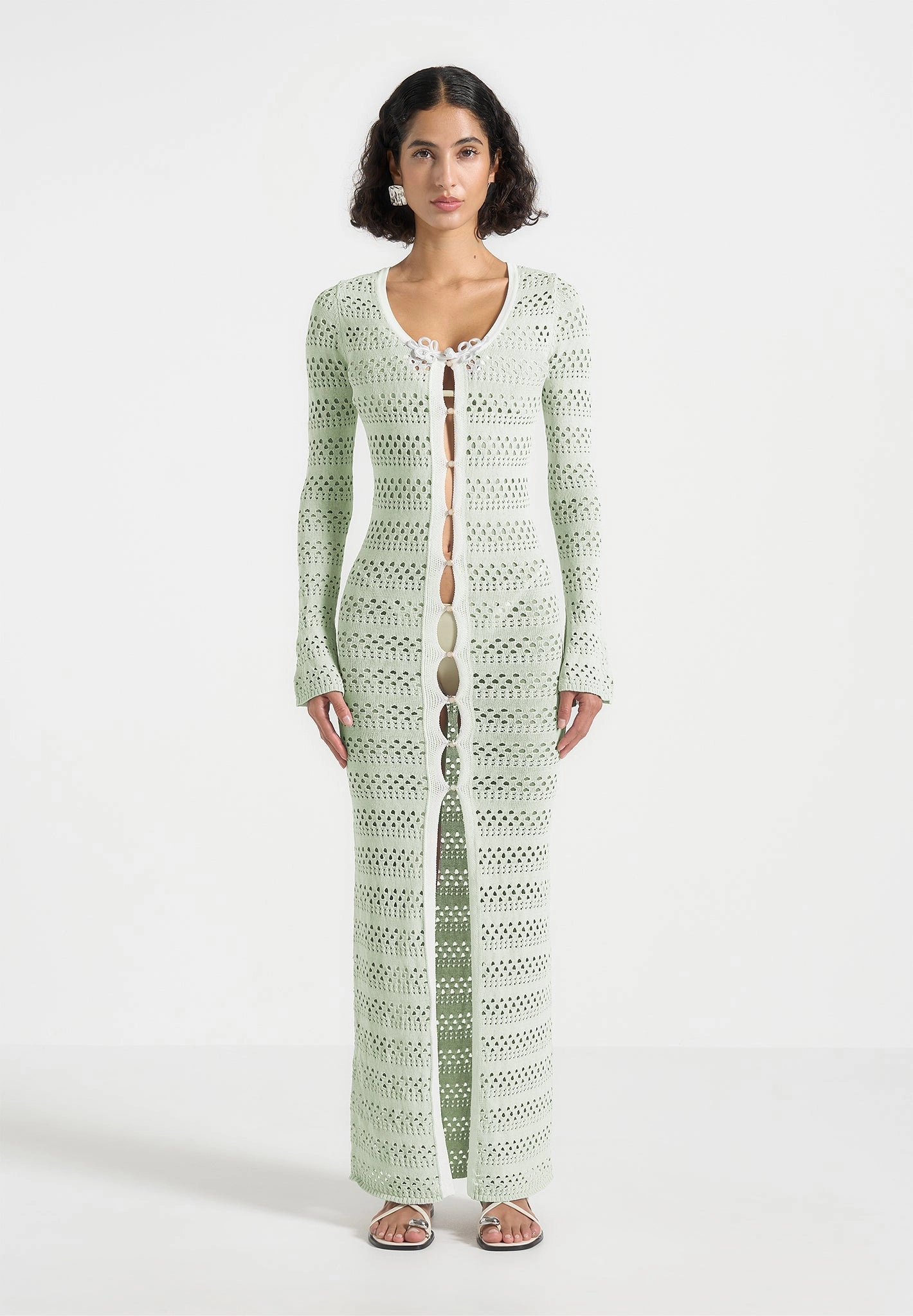 Smart Casual Aria - Pointelle Knit Cover Up - Sage/White