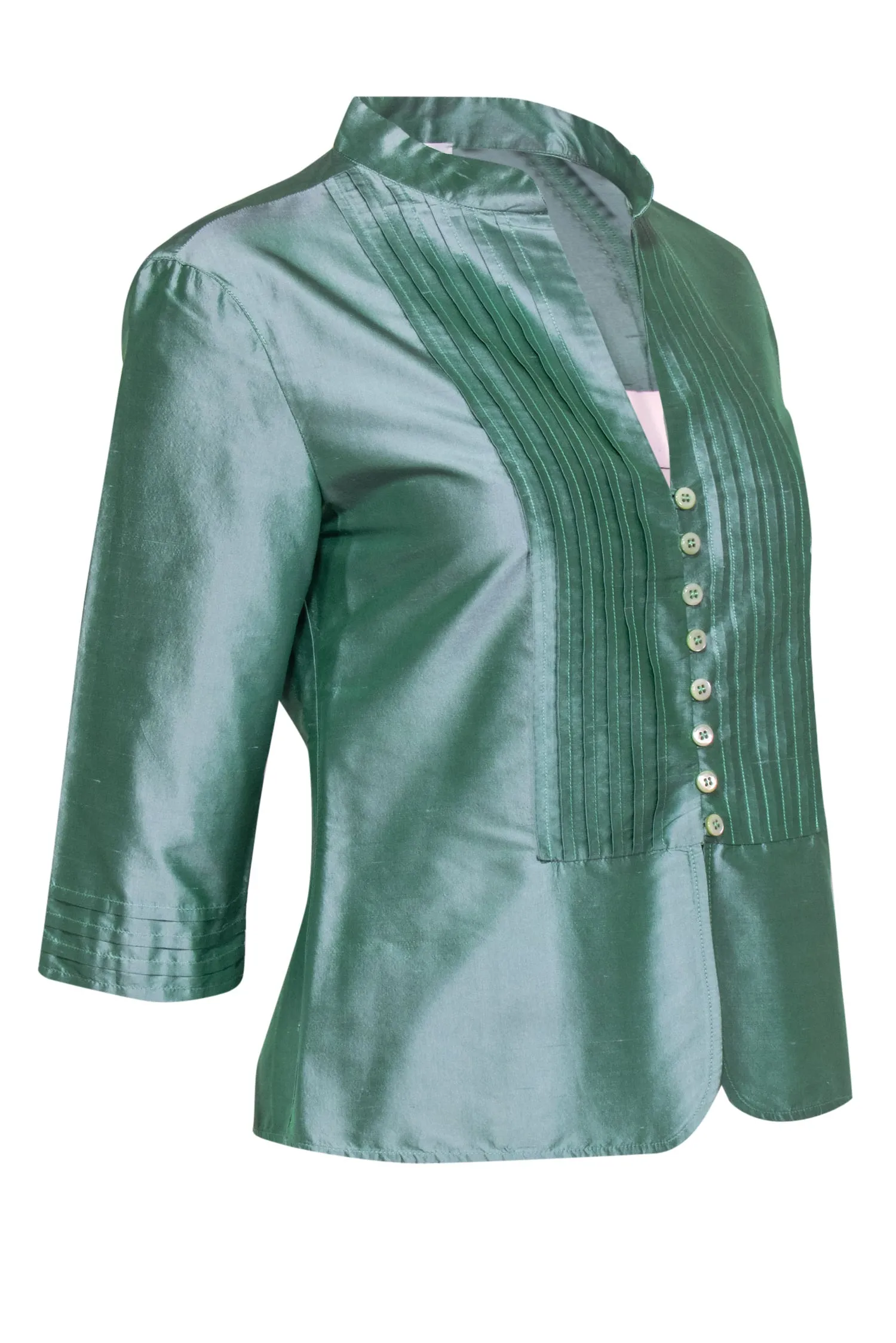 Armani Collezioni - Aqua Green Metallic Silk Satin Button-Front Blouse Sz 6