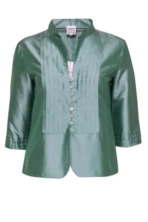 Armani Collezioni - Aqua Green Metallic Silk Satin Button-Front Blouse Sz 6