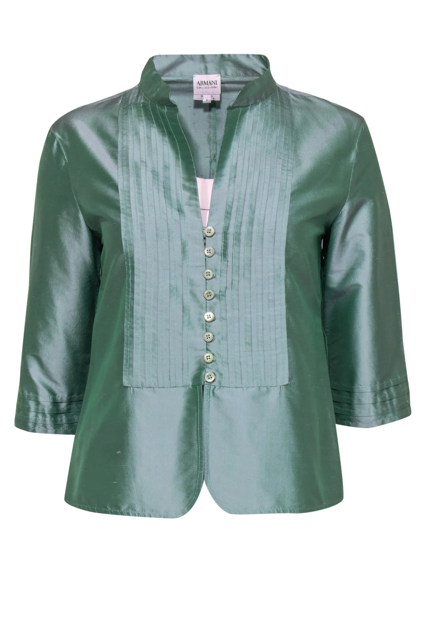 Armani Collezioni - Aqua Green Metallic Silk Satin Button-Front Blouse Sz 6