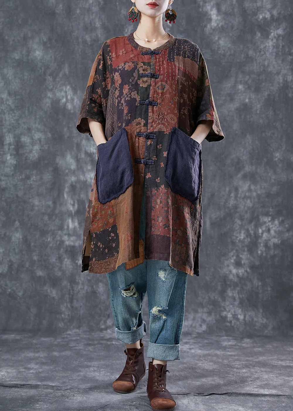 Art Print Chinese Button Patchwork Pockets Linen Coat Outwear Summer LY5687