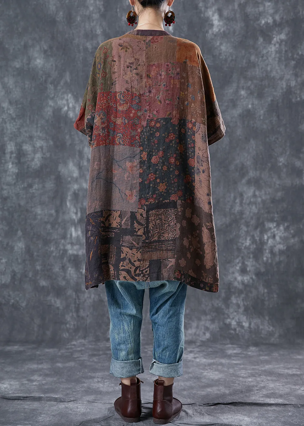 Art Print Chinese Button Patchwork Pockets Linen Coat Outwear Summer LY5687
