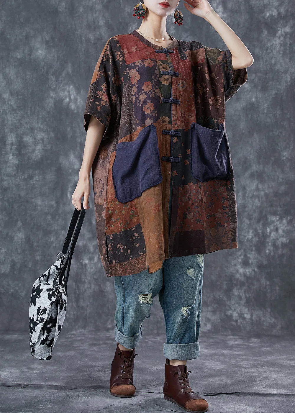 Art Print Chinese Button Patchwork Pockets Linen Coat Outwear Summer LY5687