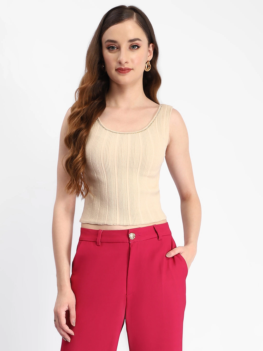 Madame Beige Sleeveless Knit Top Raw Edge Detail