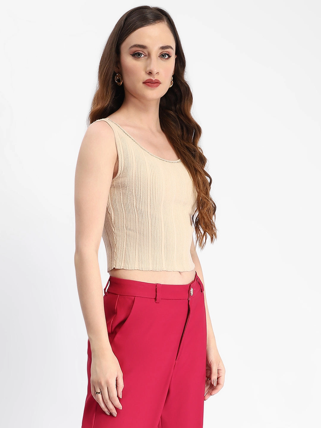 Sport Hoodie Non Closure Collar Madame Beige Sleeveless Knit Top