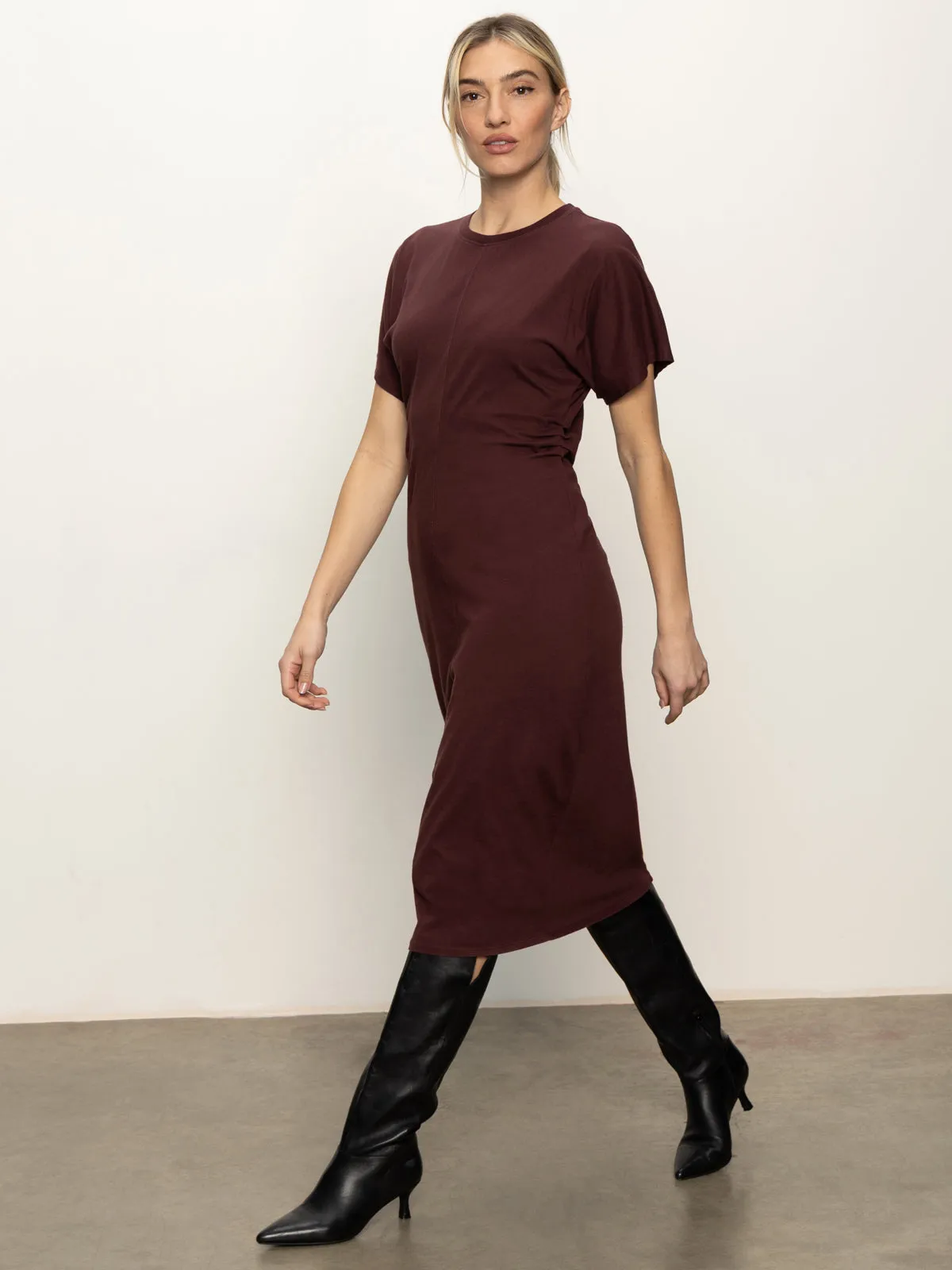 Piped-Edge Cold-Shoulder Cinched Waist T-Shirt Dress Chicory