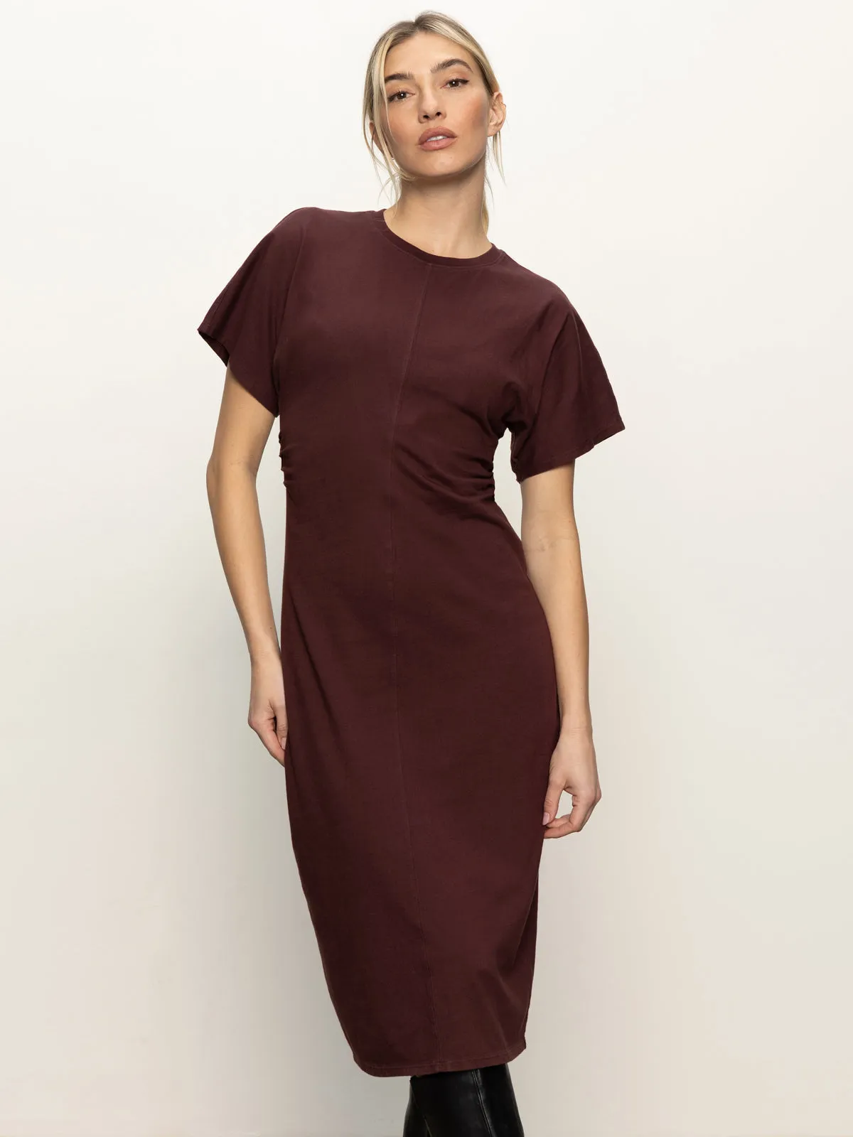 Elegant Waistband Cinched Waist T-Shirt Dress Chicory