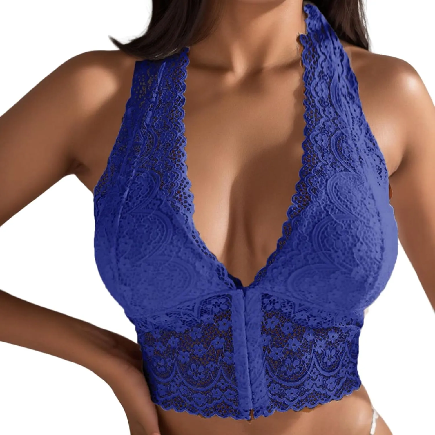 askedwayu Women Lace Bras Front Closure Backless Sexy Push Up Lingerie Bralette Halter Neck Backless Tank Brassiere